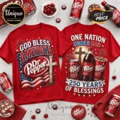 Red cotton t-shirts with Dr Pepper branding, American flag, cross illustration, and God Bless America typography.!