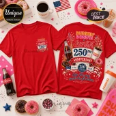Red cotton crewneck t-shirt featuring Dunkin Donuts and Coca-Cola 250th anniversary graphics on front and back.!