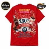 Red graphic t-shirt featuring Dunkin Donuts and Coca-Cola 250th anniversary branding with patriotic American flag elements.!