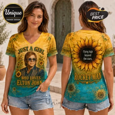 Elton John Rocket Man Sunflower V-Neck T-Shirt Elton John Rocket Man Sunflower V-Neck T-Shirt