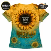 Elton John Rocket Man sunflower print t-shirt featuring yellow and teal floral patterns with text Flying high beyond stars.!