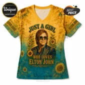 V-neck t-shirt featuring Elton John graphic, sunflower floral print, and text reading Just A Girl Who Loves Elton John.!