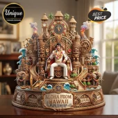 Elvis Presley collectible figurine on ornate throne with tiki statues, volcanoes, and Aloha From Hawaii plaque.!