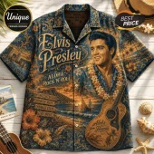 Elvis Presley Hawaiian button-up shirt in navy blue and bronze with tropical scenery, guitar, and floral patterns.!
