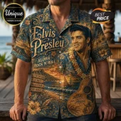Elvis Presley Hawaiian button-up shirt in navy and gold with floral patterns, tropical beach sunset, and guitar graphics.!