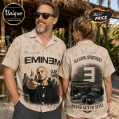 Beige button-down shirt featuring Eminem portrait, city skyline, and Old School Soundtracks text with a boombox graphic.!