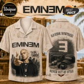 Eminem graphic short-sleeve button-down shirt featuring Slim Shady portrait, city skyline, and retro hip-hop equipment print.!