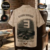 Beige button-up shirt featuring Old School Soundtracks text, a boombox, microphone, Shady cap, and number three graphic.!