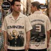 Cream-colored button-up shirt featuring Eminem portrait, city skyline, boombox, and brick wall graphic with vintage print.!