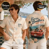 Man wearing cream button-down shirt with Ferris Bueller's Day Off back graphic featuring a red sports car and palm trees.!