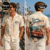 Cream colored short sleeve button-up shirt featuring Ferris Bueller’s Day Off movie graphics and tropical palm prints.!