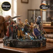 Final Fantasy X 25th anniversary resin statue featuring Auron, Lulu, Wakka, Tidus, Rikku, Yuna, and Kimahri on a rocky base.!