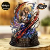 Final Fantasy X 25th anniversary resin statue featuring Tidus and Yuna surrounded by ornate blue and red swirl elements.!