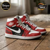 Custom red, white, and black high-top basketball sneakers featuring graffiti text, white laces, and Air Jordan branding.!