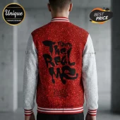 Red glitter varsity jacket with grey sleeves featuring Future The Real Me text print on back and striped collar cuffs.!