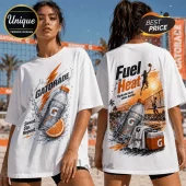 White oversized t-shirt featuring Gatorade graphics, orange lightning, bottle, and beach volleyball print on back and front.!
