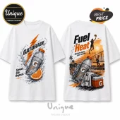 White t-shirt featuring Gatorade bottle graphics, orange lightning, sports scenes, and text on front and back panels.!