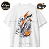 White crew neck t-shirt featuring a Gatorade bottle graphic, orange lightning bolt, water splash, and orange slice.!