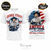 White t-shirt showing George Strait playing guitar with US flag graphics, 1776-2026 text, and patriotic star designs.!
