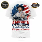 White t-shirt featuring a male country singer with guitar, US flag background, and text America 1776-2026, 250 years.!