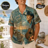 George Strait short-sleeve button-up shirt featuring country music themes, acoustic guitar, Texas flag, and song titles.!