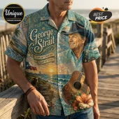George Strait portrait button-down shirt with Texas flag, guitar, and coastal sunset print on teal fabric.!