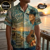 George Strait button-down shirt with coastal Texas sunset, acoustic guitar, longhorn, and song titles in blue and gold.!