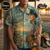 George Strait short-sleeve button-down shirt featuring guitar, ocean sunset, and song titles on a blue floral background.!