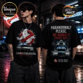 Black cotton t-shirt with Ghostbusters logo, Ecto-1 car, and text Paranormal? Please. We handle it every day on back.!