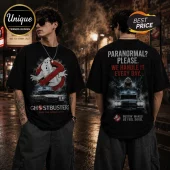Black t-shirt featuring front and back Ghostbusters graphic prints including the Ecto-1 car and the no-ghost logo.!