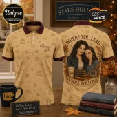 Tan Gilmore Girls polo shirt with burgundy collar, featuring Lorelai and Rory graphics, coffee mugs, and book patterns.!