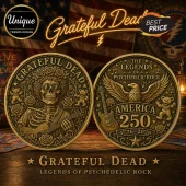 Dual-sided gold-toned Grateful Dead commemorative coin featuring a skeleton guitarist and a US eagle with music notes.!