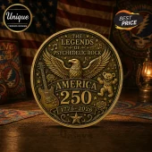 Gold commemorative coin featuring an eagle, electric guitar, dancing bear, and text The Legends of Psychedelic Rock 250.!