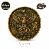 Round antique gold commemorative coin featuring an eagle, electric guitar, dancing bear, musical notes, and 1776-2026 text.!