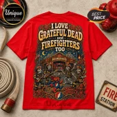 Red graphic t-shirt featuring Grateful Dead skeletons and a dancing bear in firefighter gear in front of a fire station.!