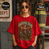 Red cotton crewneck t-shirt featuring Grateful Dead Fire Crew graphic with skeletons in firefighter gear and guitars.!