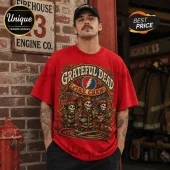Man wearing red t-shirt with Grateful Dead Fire Crew graphic featuring skeletons in firefighter gear and guitars.!