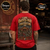 Red cotton crewneck t-shirt featuring Grateful Dead skeletons and firefighters graphic on back with rose and flame art.!