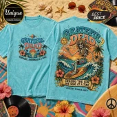 Acid-wash teal Grateful Dead t-shirt featuring a skeleton surfing, tropical hibiscus flowers, and vintage sun graphics.!