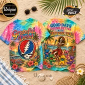 Tie-dye Grateful Dead t-shirts featuring a skull logo and dancing bears on a beach background with tropical flowers.!