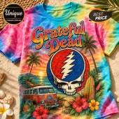 Grateful Dead tie-dye t-shirt featuring a Stealie skull, tropical sunset, palm trees, and a classic VW bus graphic.!