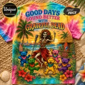Tie-dye t-shirt featuring a dancing skeleton, Grateful Dead bears, tropical beach background, and text about good days.!