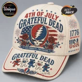 Cream baseball cap with Grateful Dead Steal Your Face logo, patriotic flag graphics, red roses, and dancing bear icons.!