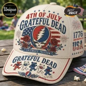 Beige baseball cap featuring Grateful Dead skull logo, American flag, roses, and dancing bears in red, white, and blue.!