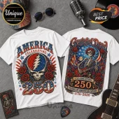 White cotton t-shirts featuring Grateful Dead skull graphics, red roses, American flag patterns, and 250 year text elements.!