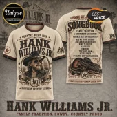 Hank Williams Jr. graphic t-shirt with front portrait and back song list print on beige polyester fabric.!