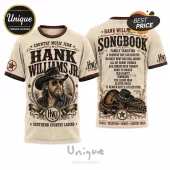 Hank Williams Jr. beige t-shirt with portrait, song titles, guitar, and cowboy hat graphic print on front and back.!