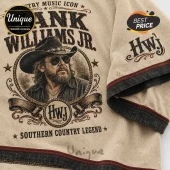 Hank Williams Jr. graphic t-shirt in beige with a cowboy portrait, lasso border, and Southern Country Legend text print.!