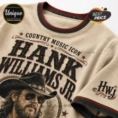 Hank Williams Jr. graphic t-shirt with beige base, maroon-black collar trim, and HWJ logo printed on the sleeve cuff.!