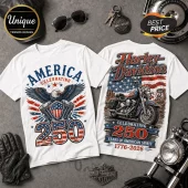 White Harley-Davidson t-shirt featuring a bald eagle, American flag, Route 66 sign, and 250 years anniversary graphic.!